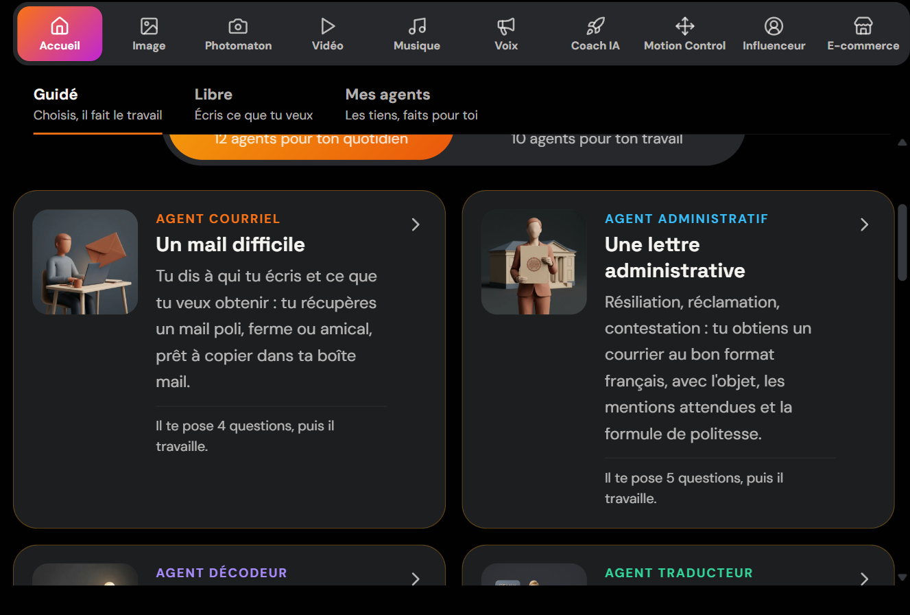 El catálogo de miniagentes del Lab de Skilzy, con las fichas «Un correo difícil» y «Una carta administrativa»