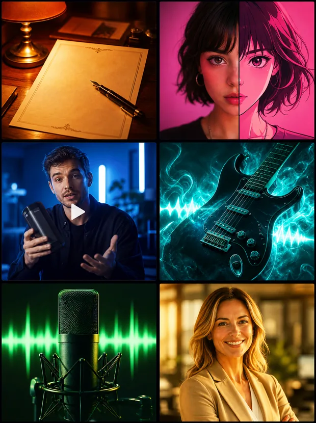 Six exemples de ce que Skilzy produit : un courrier rédigé par un agent, une photo transformée en manga, une vidéo sans caméra, un morceau de musique, une voix off et un portrait professionnel.